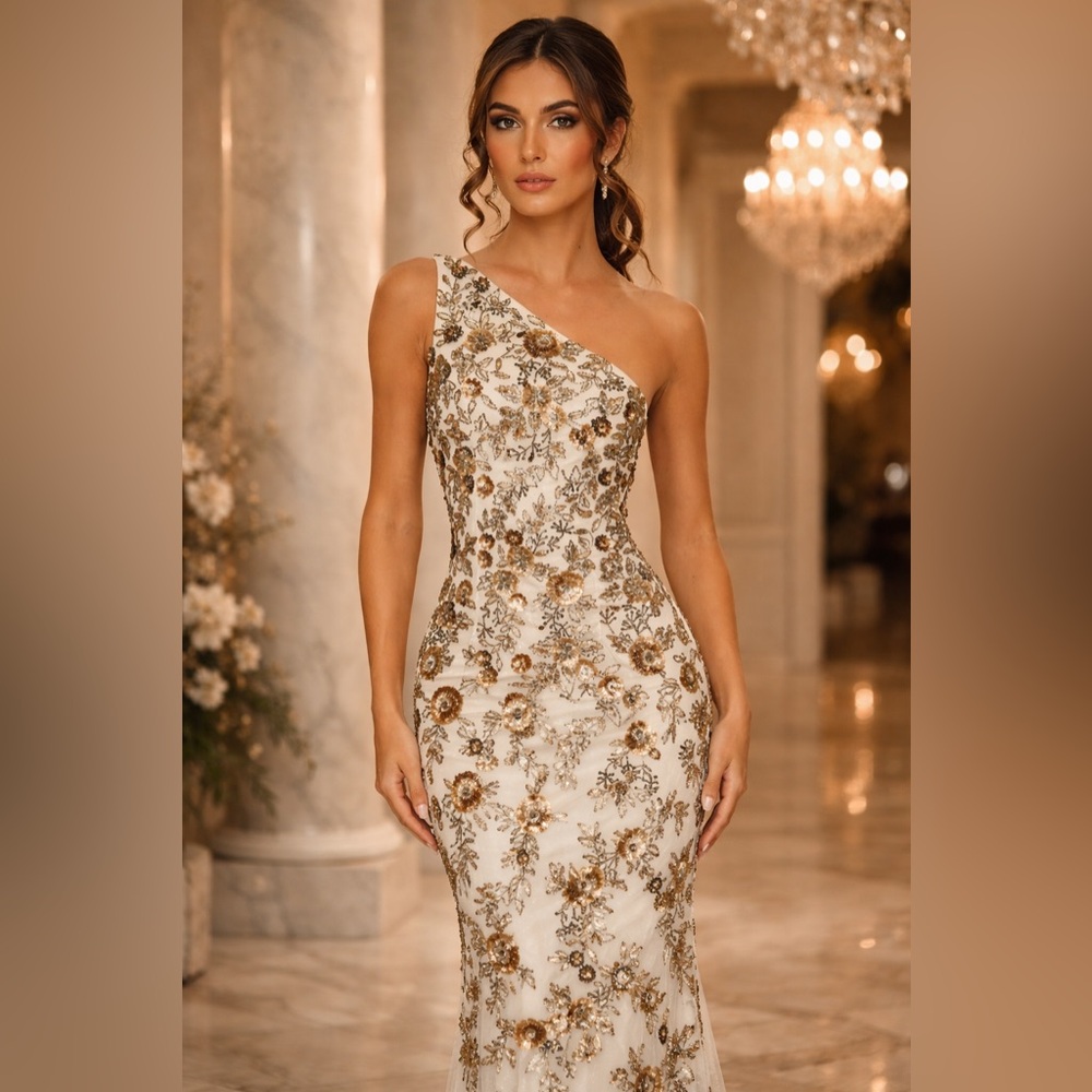 Mac Duggal NEW Floral Beaded White Champagne Gold One-Shoulder Evening Gown 5955
